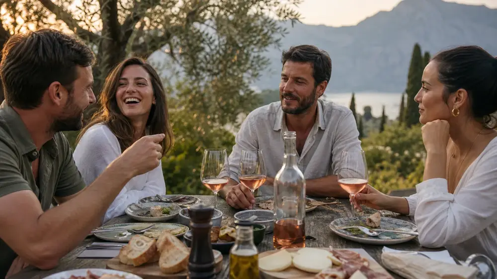 Friends sharing Chiaretto and simple food at a Lake Garda wine table