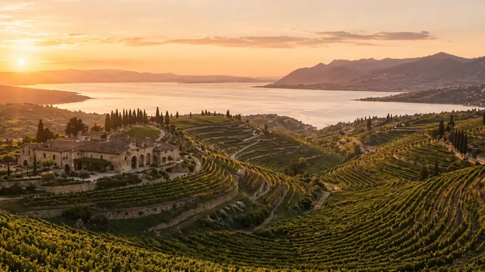 Sunset over Lake Garda vineyards and hills