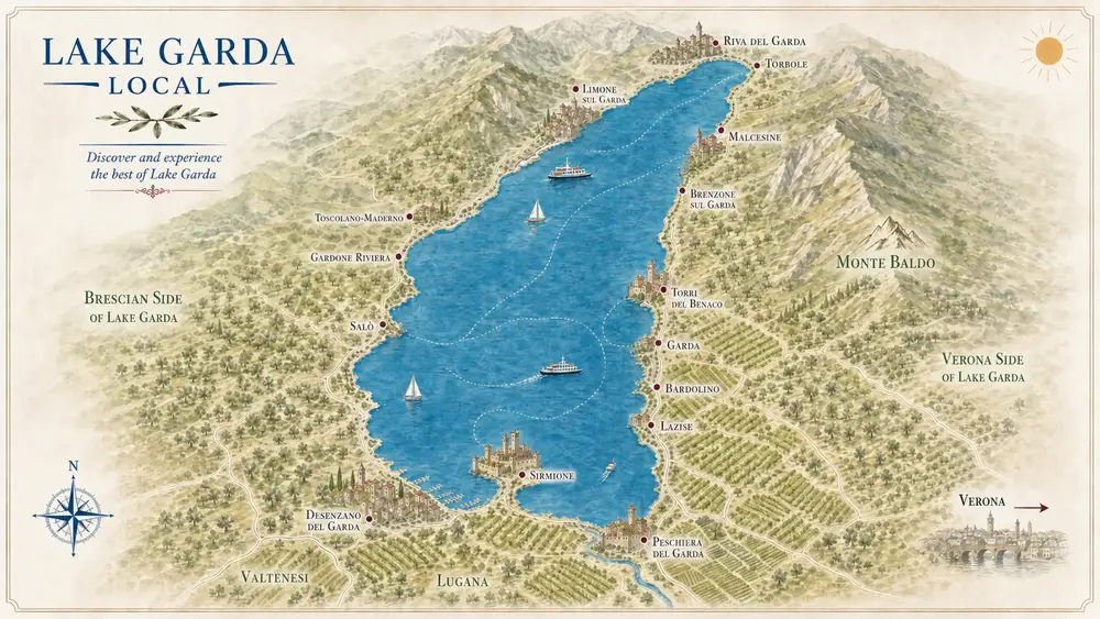 Illustrative map of Lake Garda and the main towns around the lake