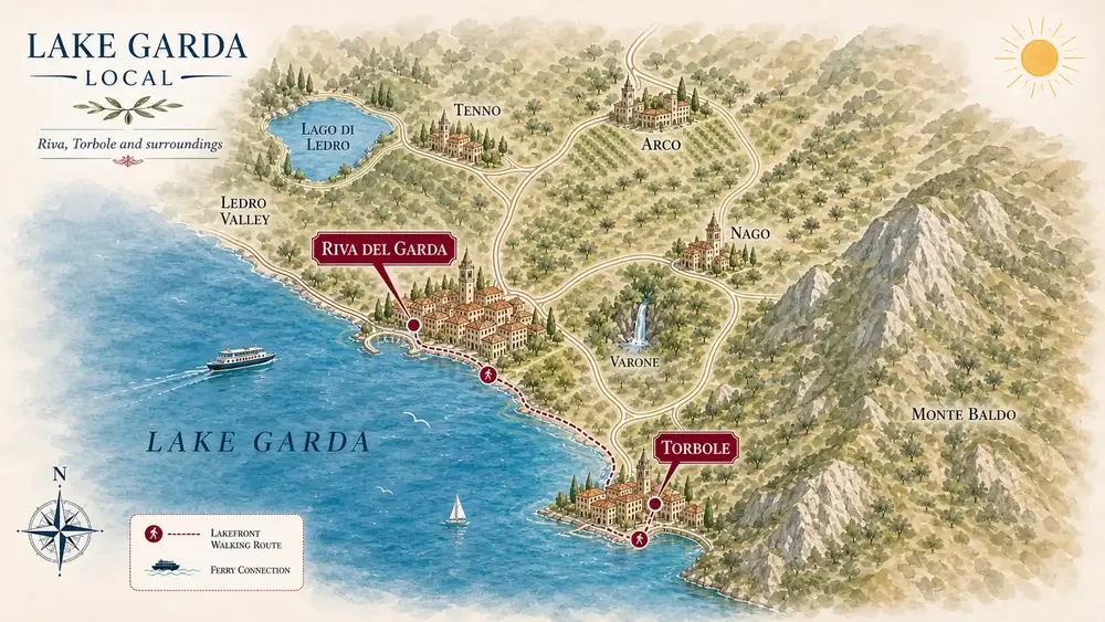 Illustrative map of Riva del Garda around Lake Garda