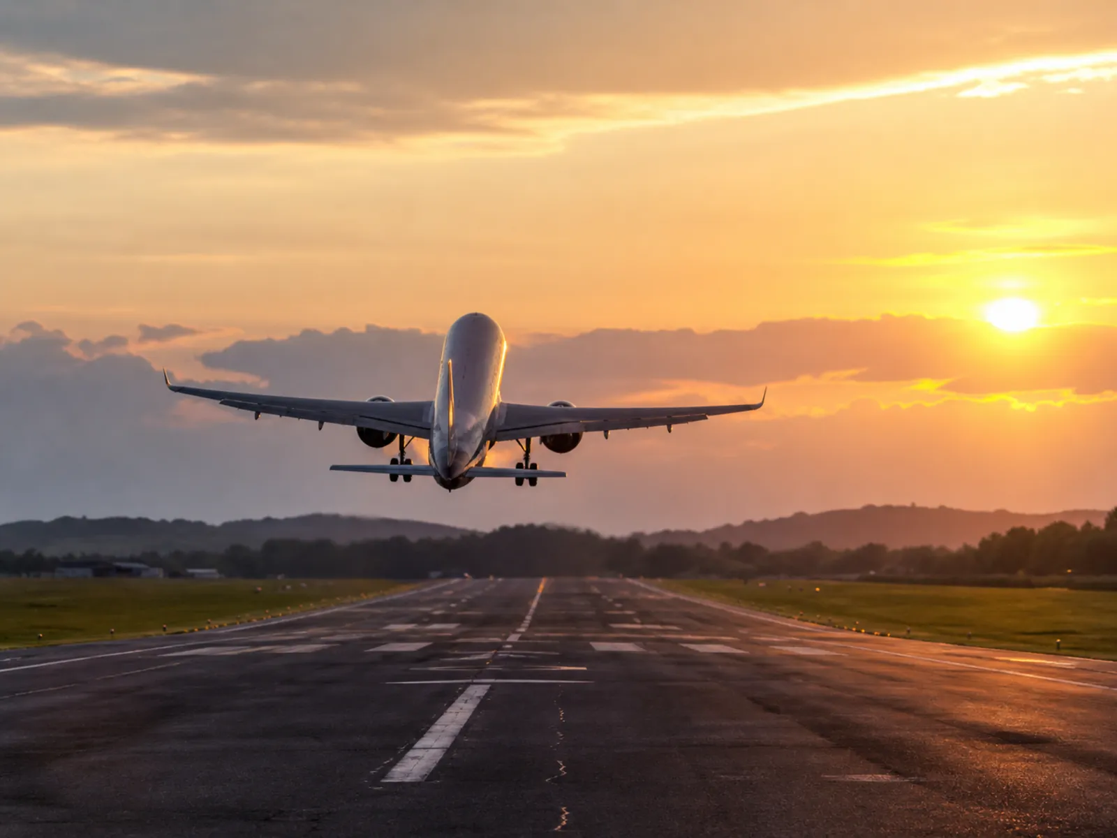 Airplane taking off from a runway at sunset, representing airport arrivals for Lake Garda