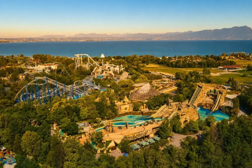Aerial view of Gardaland theme park near Lake Garda