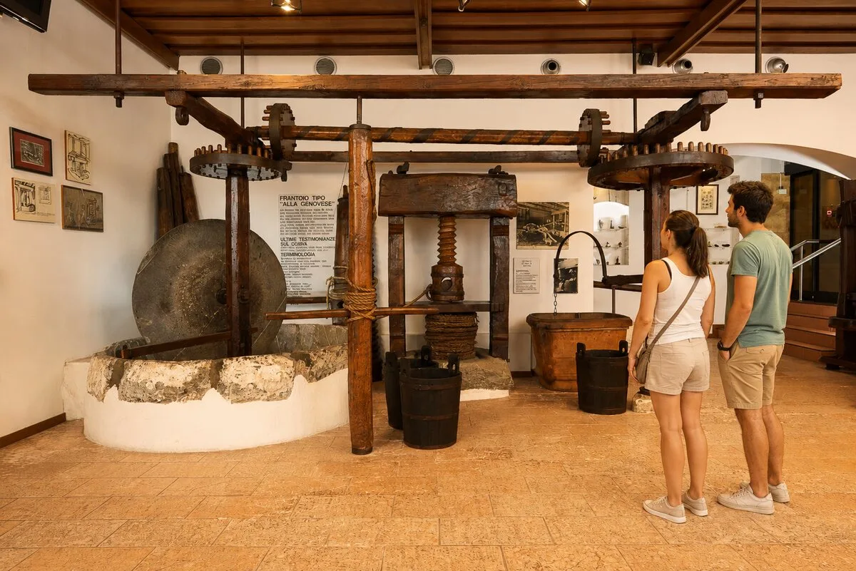 Traditional olive oil press inside the Olive Oil Museum in Cisano near Bardolino