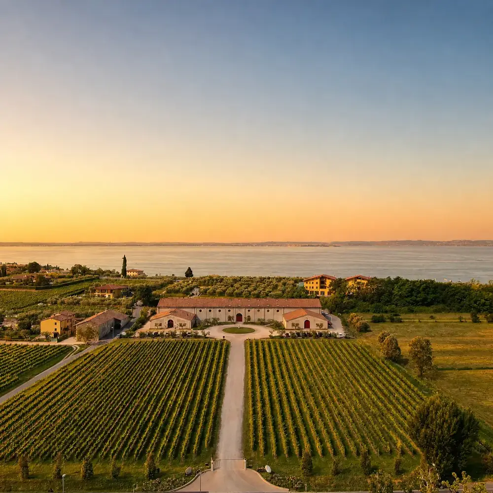 Guerrieri Rizzardi vineyards and winery near Bardolino with Lake Garda in the background